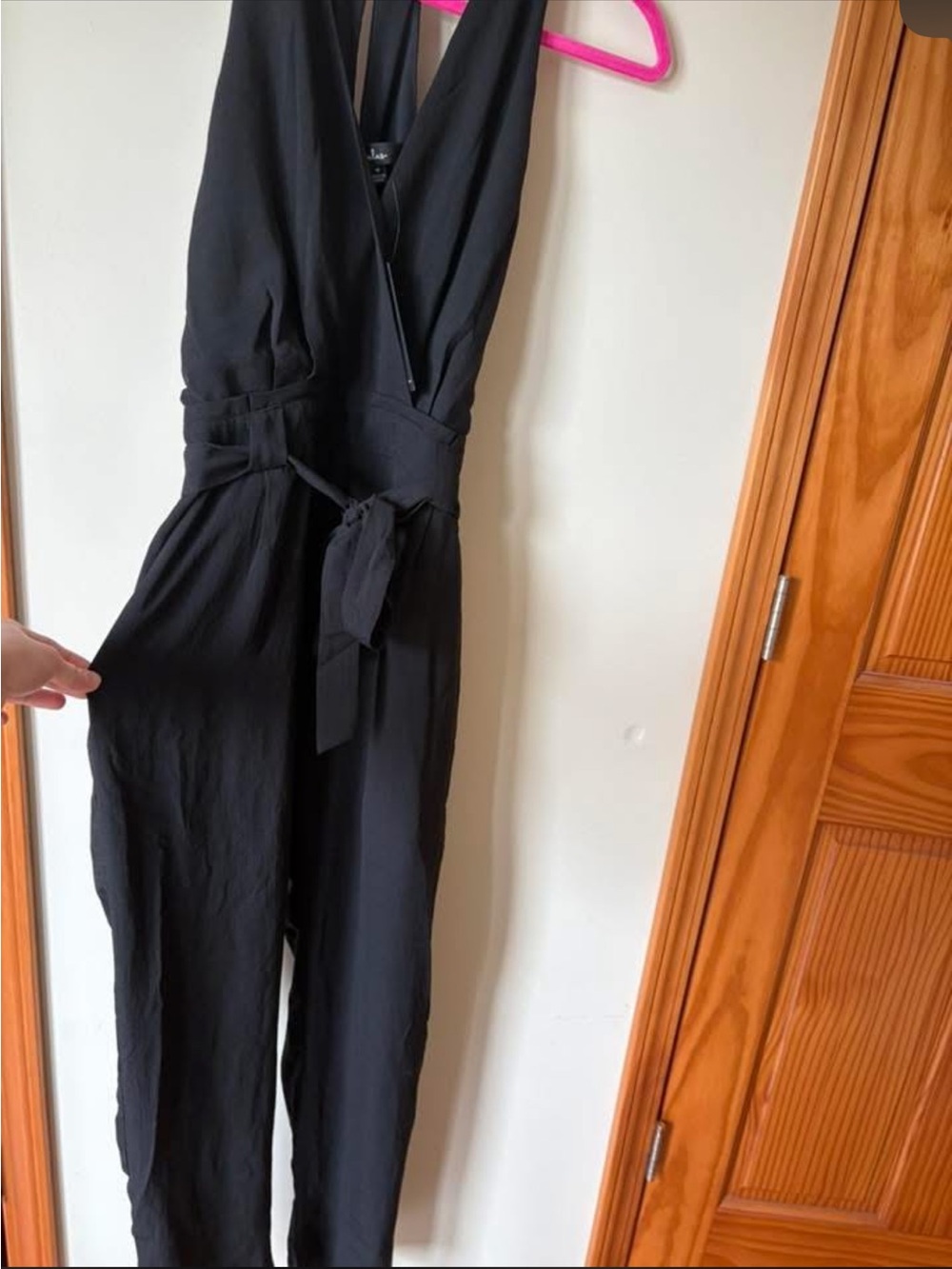 Lulu's Black Sleeveless V-Neck Jumpsuit with Waist Tie